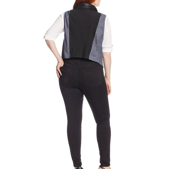 Karen Kane Vest Womens Plus 2X Blue Denim Black Faux Leather Moto Made in USA - Picture 3 of 14